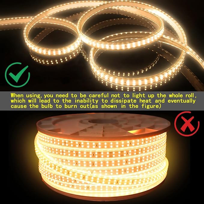 LAMPHOME 3000K 120V LED Strip Light, 150FT 9000LED 100LM/W Waterproof for Outdoor Indoor, Every 1.5ft Cuttable Lighting Strip, 17.5x7.8mm ETL Listed，Warm White