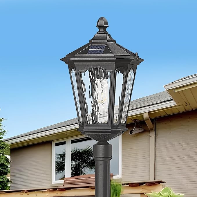 82 Inch Solar Post Street Lamp Light with Remote Control, Dusk to Dawn Waterproof LED Pole Light Exterior, Outside Pillar Lighting with Water Ripple Glass for Lawn Pathway Garden Porch Yard Patio