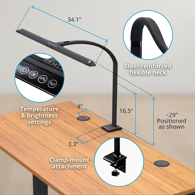 UPLIFTDESK Sliding Flex Clamp Lamp – LED Office Desk Lamp with Clamp with 6 Brightness Levels and 4 Color Temperatures, Great Work from Home and Office Accessories (Black)