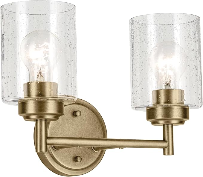 Kichler Winslow 13" 2-Light Vanity Light with Clear Seeded Glass in Natural Brass for Bathroom Vanity, Luxe Industrial, (13" x 9.25"), 45885NBR