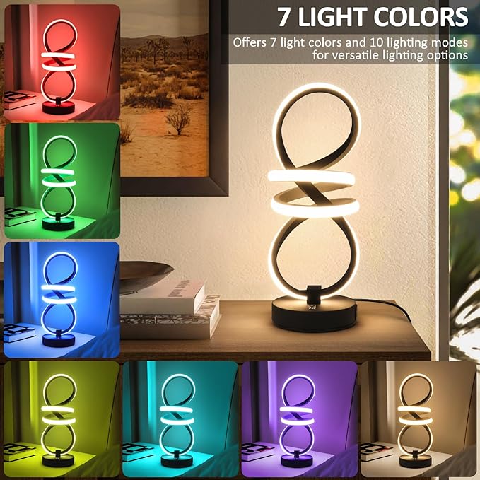 Modern LED Table Lamp, Spiral RGB Table Lamp, Touch Dimmable LED Nightstand Lamp with USB/Type C, 7 Colors & 10 Light Modes Bedside Lamp for Bedroom, Living Room, Cool Lamps for Ideal Gift(2 PACK)