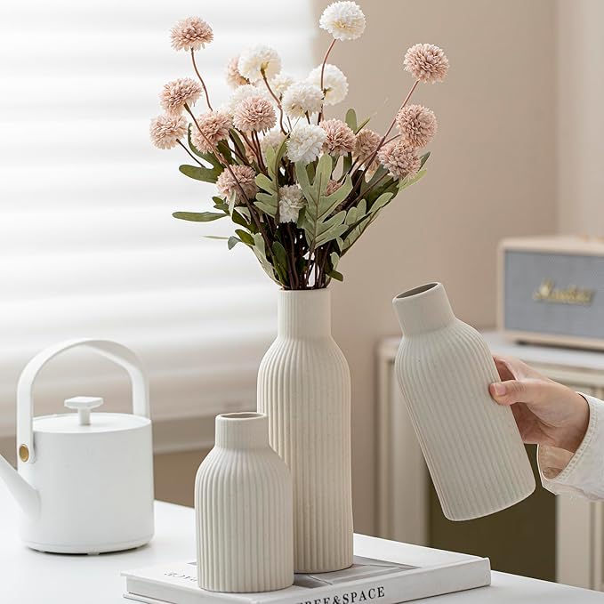 Modern Ceramic Vases Set of 3, Beige Ribbed Decorative Vases, Table Centerpiece for Home Decor (Beige)