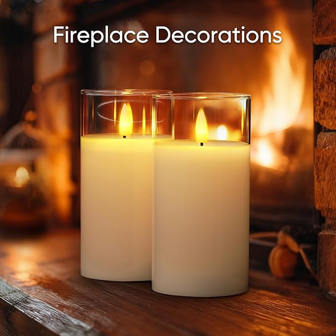 5plots Clear Glass Flameless Candles with Remote Timer, Set of 2, White LED Real Wax Glass Pillar Candles Warm Flickering Light for Indoor Home & Wedding Decor D3 x H6 6"