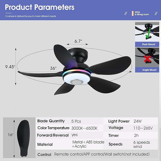36" Ceiling Fans with RGB Lights Remote/APP Control, Small Ceiling Fan, 3 CCT Dimmable White Lights+RGB Ring Lights+Music Player, 5 Reversible Plastic Blades 6 Speeds for Kidsroom, Black