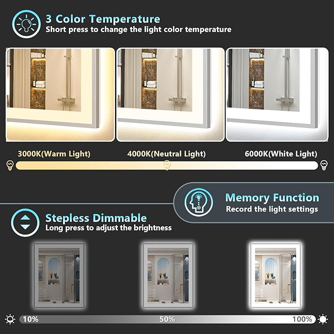 28x36 Brushed Nickel LED Bathroom Mirror with Lights, Sliver Framed Backlit and Front Lit Anti-Fog Lighted Vanity Mirrors for Bathroom Wall, Dimmable, 3 Colors, Memory, Tempered Glass, CRI＞90