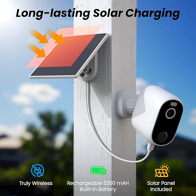 Solar Camera Outdoor Wireless-2.4GHz Wi-Fi Outside Cameras for Home Security, PIR Motion Detection, Siren Alarm, 2K Color Night Vision, SD & Cloud Storage(Optional), Work with Alexa, Z1 2P
