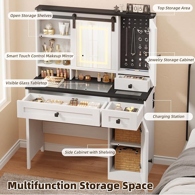 EROMMY 42" Farmhouse Makeup Vanity Desk with Lighted Mirror & Power Strips, Vanity Table with Sliding Barn Door, Open & Hidden Shelves, Drawers, Jewelry Cabinet, White Dressing Table, Light Adjustable