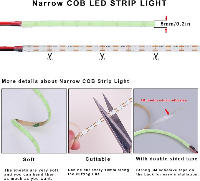 TOPAI 24V Thin 5mm ice Blue COB LED Strip 16.4ft Narrow LED Tape Light Dotless 400LEDs/M High Density Cuttable Flexible for Cabinet Home DIY Lighting Projects