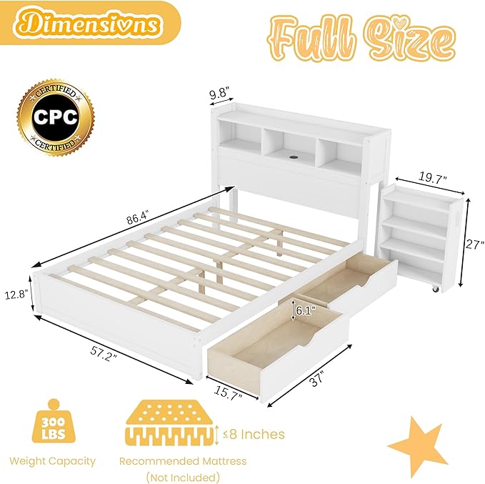 Kids Full Bed Frame with Drawers & Storage Headboard, Solid Wood Platform Bed with Pull-Out Cabinet, Built-in LED Light & Charging Station, No Box Spring Needed, White