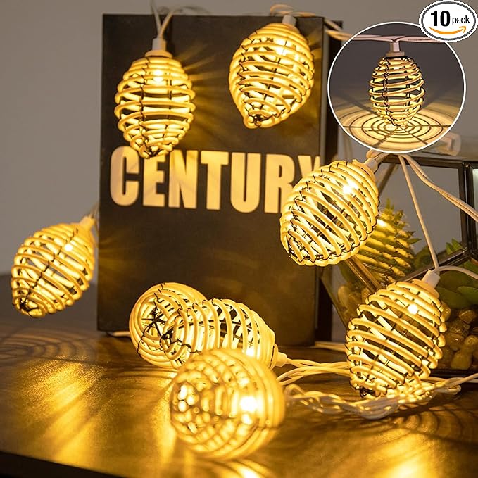 Vigdur Rattan Ball String Lights - 10FT Lantern String Lights Plug in with 10 Led Bulbs, Decorative String Light for Indoor Outdoor Balcony Patio Garden Wedding Bedroom Decor