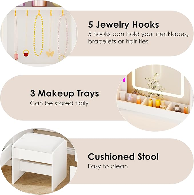 ANWBROAD Makeup Vanity Desk with Mirror and Lights 3 Colors Large Vanity Table with 7 Drawers & RGB Lights White Makeup Table with Charging Station 6 Storage Shelves Stool for Bedroom Women UBDT96W