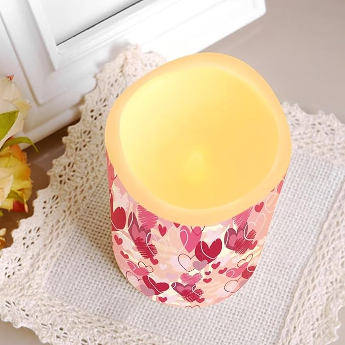 Pink Heart Theme Plastic Flameless Candles with Remote Control and Timer LED Flickering Battery Electric Pillar Candles for Table Valentine's Day Decoration