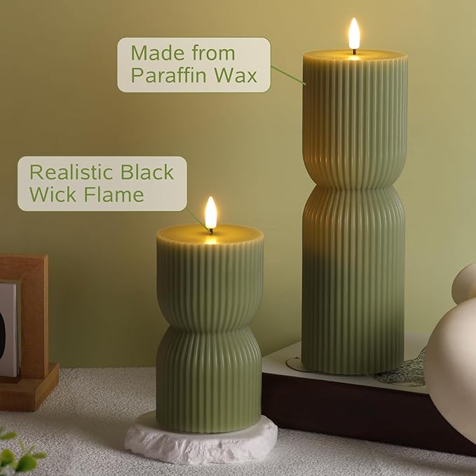 Olive Green Ribbed Flameless Pillar Candles with Remote, LED Candles Battery Operated Flickering Real Wax Set of 2