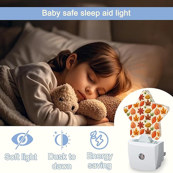 Night Light,Autumn Maple Leaves Plug into Wall with Dusk to Dawn Light Sensors,Fall Thanksgiving Warm Star Nightlights for Bedroom,Bathroom,Hallway,Kitchen Home Decor Desk Lamp