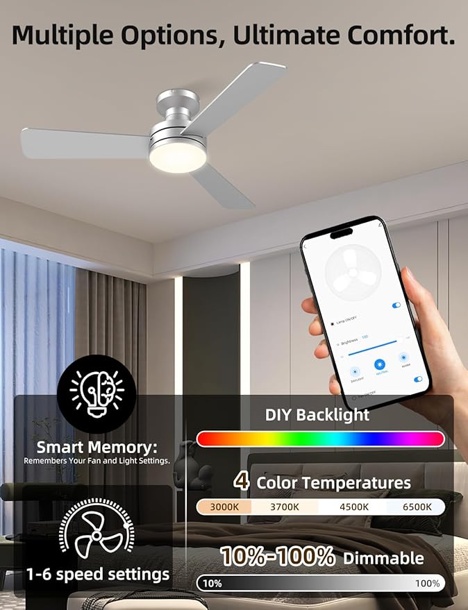 42" RGB Ceiling Fan with Light, Music Sync Smart Fan with Alexa/Google/App Control, Low Profile Flush Mount, 6-Speed Quiet DC Motor, 4 CCT Dimmable Lighting for Bedroom Living Room, Silver