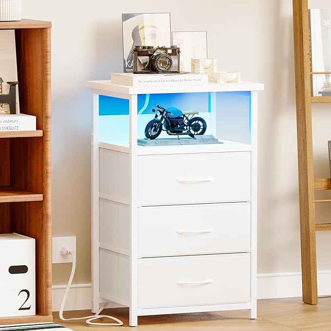 Fixwal White Nightstand with Charging Station, LED Night Stand with 3 Fabric Drawers and Open Shelf, Bedside End Table in Bedroom