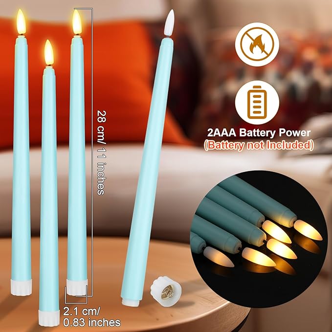 Macarrie 24 Packs Flameless Taper Candles Battery Operated Fake 11 Inch Long Candlelight LED Flameless Candlesticks Flickering Tapered for Spring Summer Wedding(Teal)