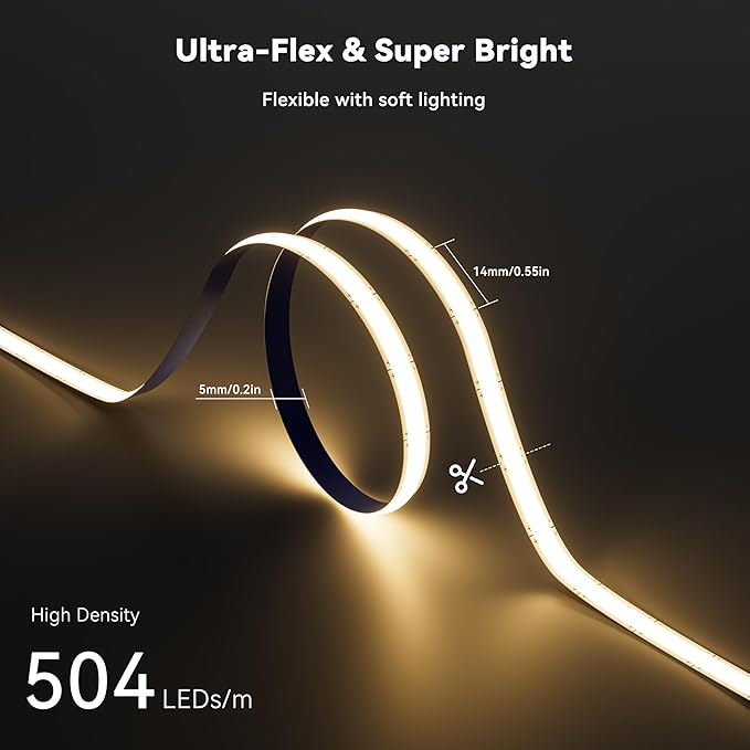 PAUTIX 5mm COB LED Strip Light 16.4ft/5m 3000K Warm White 504 LEDs/m,DC24V Flexible LED Tape for Cabinet Home DIY Lighting Projects(Power Supply&Controller Not Included)