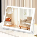 Vanity Mirror with LED Lights, 16.4x12.2 Inch Makeup Mirror, 3-Color Dimmable Touch Screen, 5X Magnification, 360° Rotation, White Large Tabletop Mirror for Bedroom Vanity