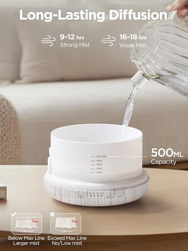InnoGear Aromatherapy Diffuser & 10 Essential Oils Set, 500ml Essential Oil Diffuser with Remote Control Ultrasonic Cool Mist Scent Humidifier Vaporizer Auto-Off Timer for Valentine's Gift, White
