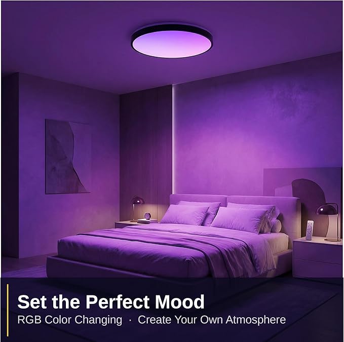 HOREVO 16inch 36W LED Ceiling Lamp Black Flush Mount Ceiling Light Fixture with Bluetooth Speaker with Remote Control, RGB Color Changing,for Living Room, Dining Room, Bedroom, Office