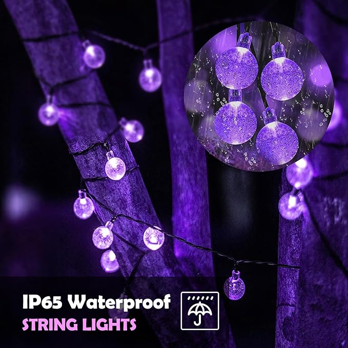 20 LED Decorations Crystal Globe Solar String Outdoor Lights with 8 Lighting Modes Waterproof Solar Powered Patio Hanging Light for Garden Yard Porch Wedding Party Decor(Purple)