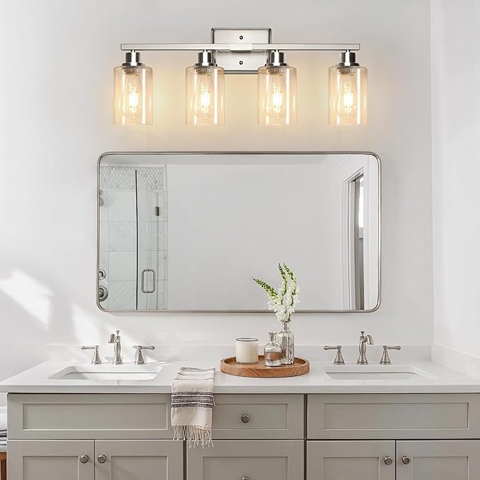 Ascher Bathroom Light Fixtures, 4-Light Vanity Lights with Clear Glass Shade, Modern Brushed Nickel Wall Light for Mirror Bedroom Hallway Cabinet Porch