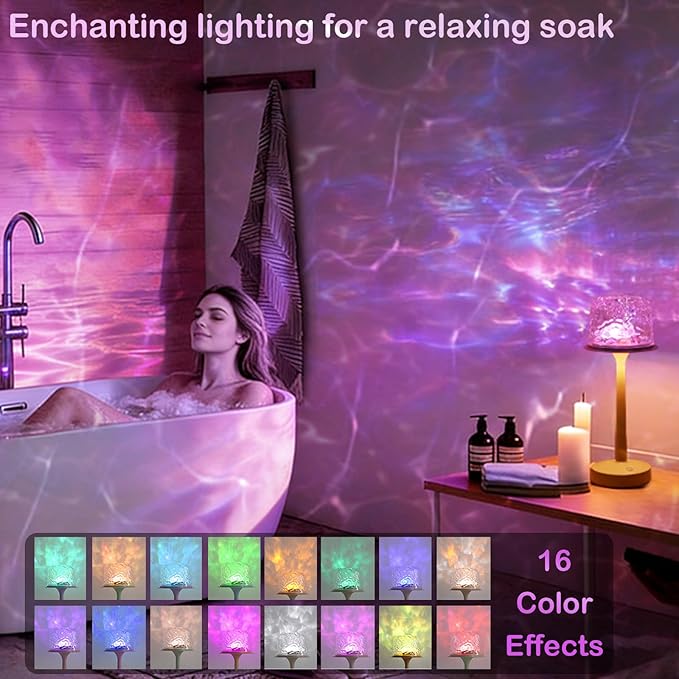 Cordless Shower Lamp,Bedside Lamp,Touch Ocean Wave Projector Light,3 Way Color Temperature,16 Color Changing Light,Dimmable,Rechargeable Aurora Night Lights for Bedroom Bathroom, Waterproof