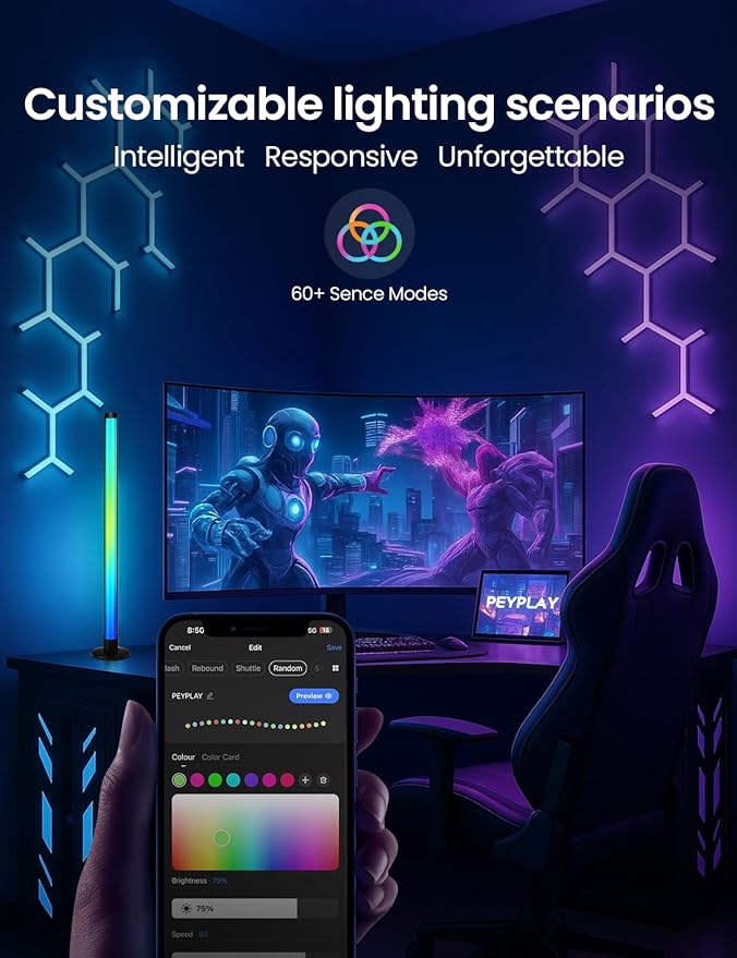RGB+IC Ambient LED Light Bars for Gaming Room, PC, and Home Décor, USB Powered Mood Lighting with Music Sync, Alexa, App & Voice Control, Adjustable Brightness, DIY Effects