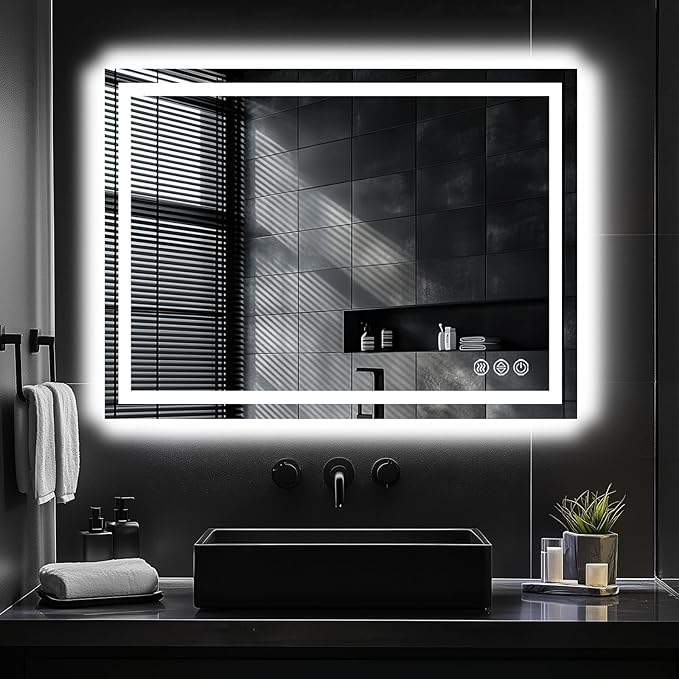 LED Bathroom Mirror, 48"x36" with Frontlit and Backlit Anti-Fog Mirror with Lights LED Vanity Mirror for Bathroom 3 Colors Temperature & Dimmable Bathroom Mirror with HD Tempered Glass