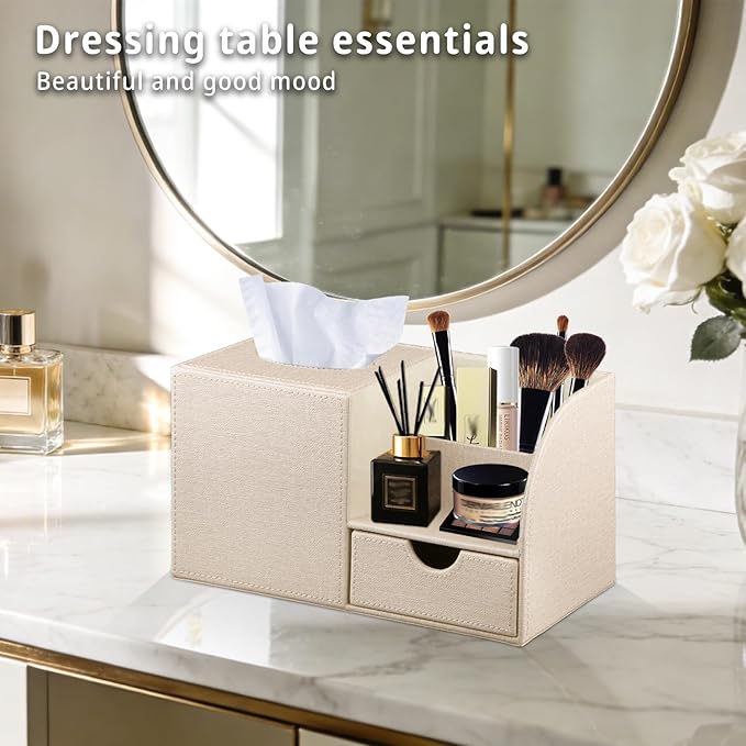 YAPISHI Square Tissue Box Cover with Storage Drawer, PU Leather Facial Tissues Cube Boxes Holder Modern Makeup Remote Control Holder, Nightstand Organizer Caddy for Bathroom Vanity, Office, Home Decor