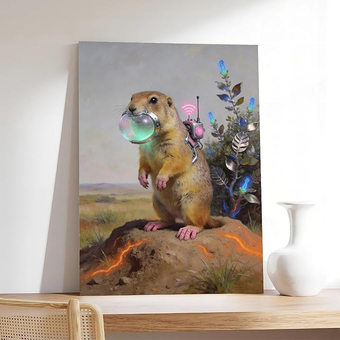 Framed Steampunk Mechanical Prairie Dog Wall Art - Retro-Futuristic Wilderness Poster for Living Room Game Room Decor 16x24inch(40x60cm)