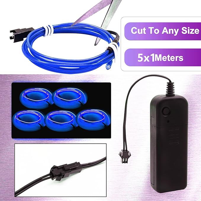 Ourbest EL Wire Lights Battery Powered, Wearable Led Wire Lights 5in1 neon String Light,DIY neon Sign kit Stay/Slow/Fast Flash Party Decoration 1M Blue