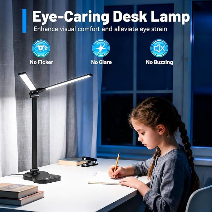 LED Desk Lamp with USB Charging Port, 5 Color Modes 10 Brightness, Dual Swing Arm Dimmable Desk Lamps for Home Office Nail Dorm (Black)