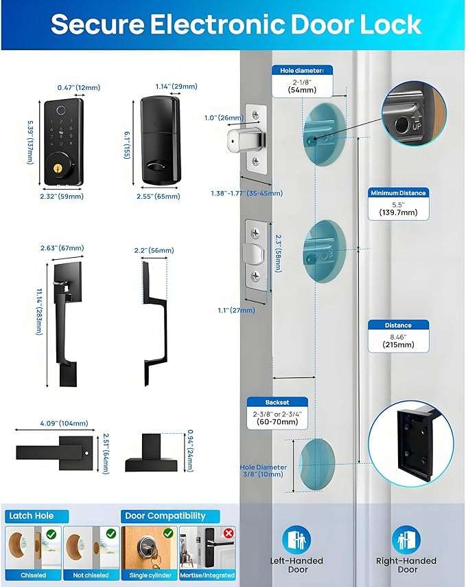 Smart Keyless Entry Door Lock Set w/Front Door Handle, 0.1s Fingerprint Biometric Unlock, Auto Lock, APP Remote/Passcodes/Cards Control, Keypad Deadbolt, Easy Install for Entry Bedroom