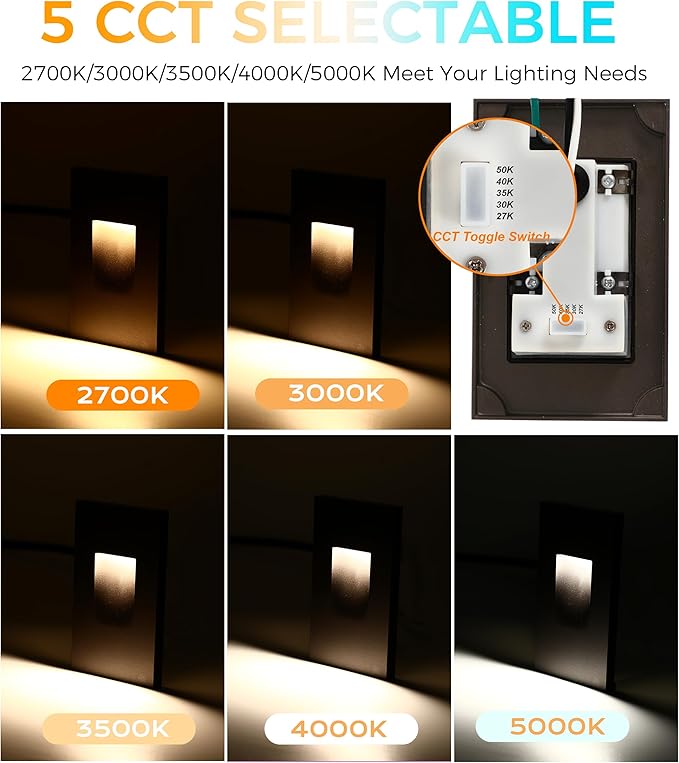 CLOUDY BAY 120V Dimmbale 5 Color LED Indoor Outdoor Step Light,2700K/3000K/3500K/4000K/5000K 3W 35lm,Stair Light,Oil Rubbed Bronze,6 Pack