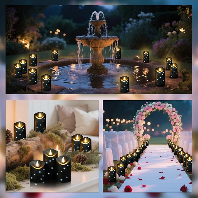 Outdoor Waterproof Flickering Flameless Candles with Embedded Star String,3Pcs LED Pillar Candles Battery Operated with Remote and Timers for Courtyard,Porch,Camping,Holiday Decoration(Black)