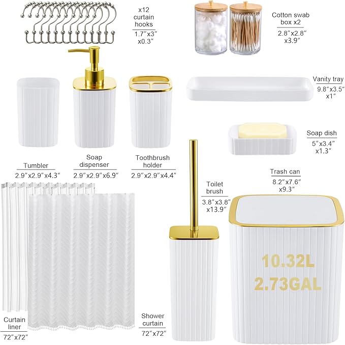 Bathroom Accessories Set-23Pcs Set, Complete Bathroom Essentials, Bathroom Set with Shower Curtain and Liner Sets, Trash Can, Soap Dispenser,Modern Bathroom (White, Bath Set+Shower Curtain&Liner Set)
