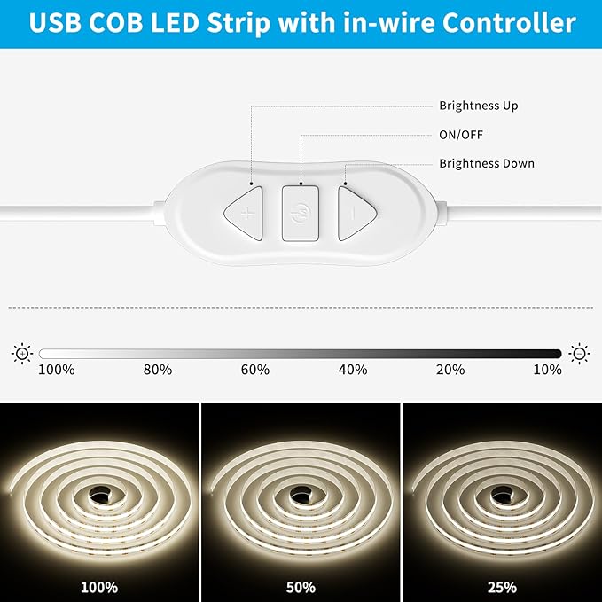 USB 5V COB LED Strip Lights 9.84ft/3M, Natural White 4000K Dimmable USB Powered Density COB Tape Flexible Cuttable LED Strip for TV Backlight, 3D Printer, RV, Sewing Machine, Bedroom, Mirror