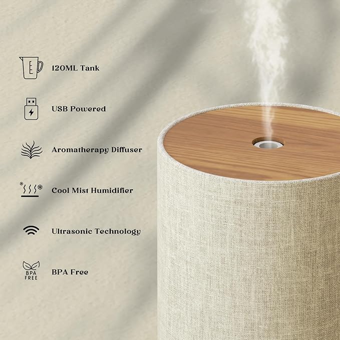 Essential Oil Diffuser with Fabric Cover, Small Portable Aroma Diffuser for Home 120ml, Ultrasonic Aromatherapy Oil Diffuser with 7 Colors LED, Auto Shut-Off Function, Mini Humidifier for Bedroom