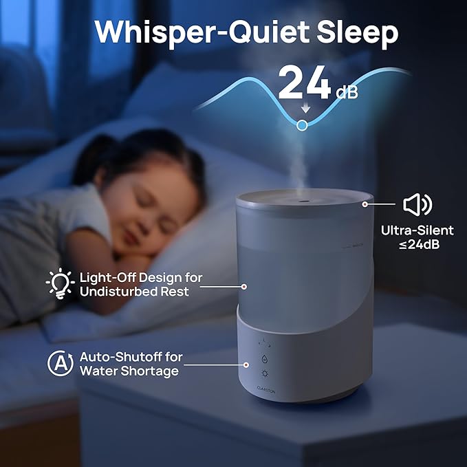 Clarston Humidifiers for Bedroom, 2.5L Cool Mist Humidifier with Essential Oils Diffuser and Nightlight, Top Fill Humidifiers for Home Large Room, Timer, Auto Shut-off, 25H Runtime