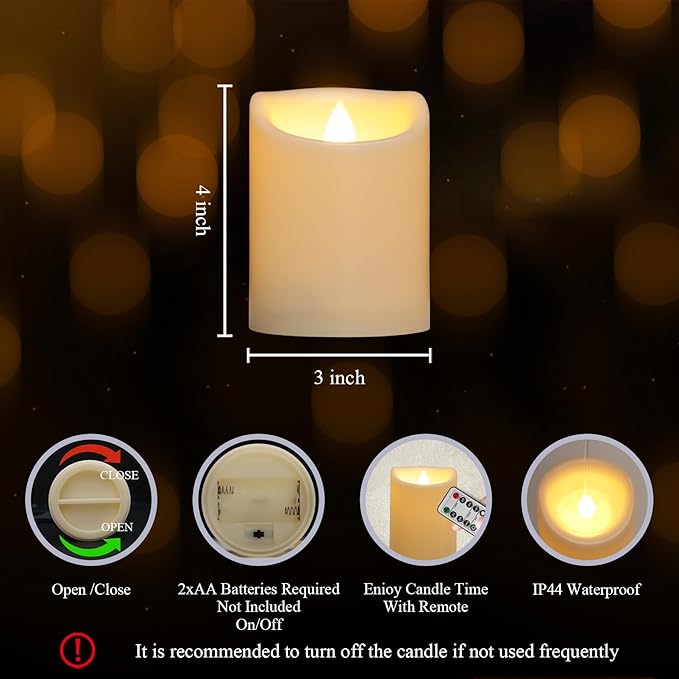 2 Pack 3" x 4" Outdoor Candles with Remote, Flickering Battery Operated LED Pillar Candles, Waterproof Flameless Candles for Home, Wedding Decor, Ivory, Plastic, Won't Melt