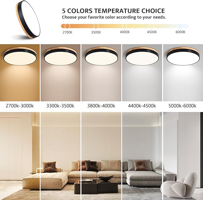 Modern Wood Flush Mount Ceiling Light, Black LED 5CCT 2700K-6000K Dimmable Ceiling Light Fixtures, Round Close to Lighting Fixture for Kitchen Living Room Dining Room Bedroom-15.8in