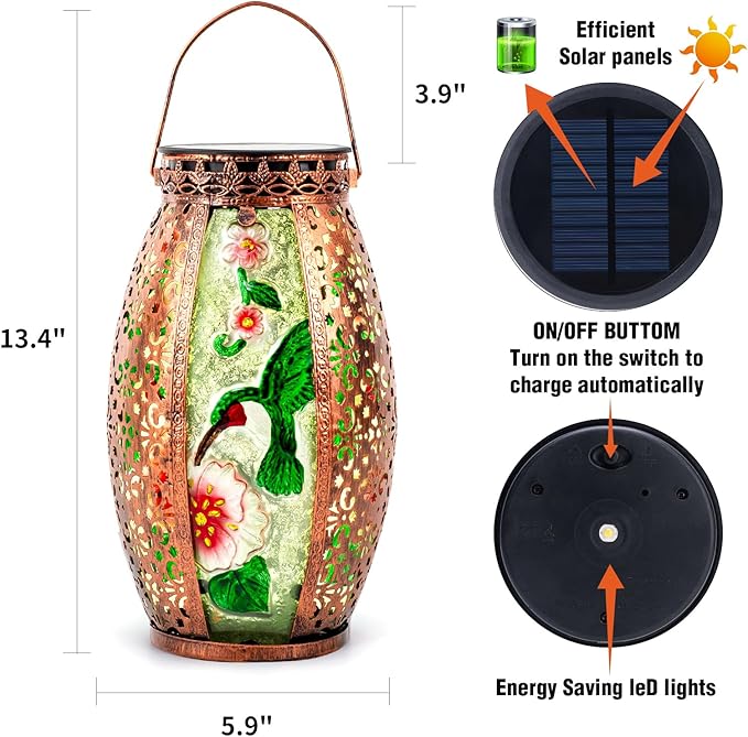 Larekook Hummingbird Solar Lantern Outdoor Waterproof,13" Large Hanging Lantern Decorative,Metal Hummingbird Solar Lights for Yard Table Porch Patio Garden Decor,Birthday Gifts for Women Mom