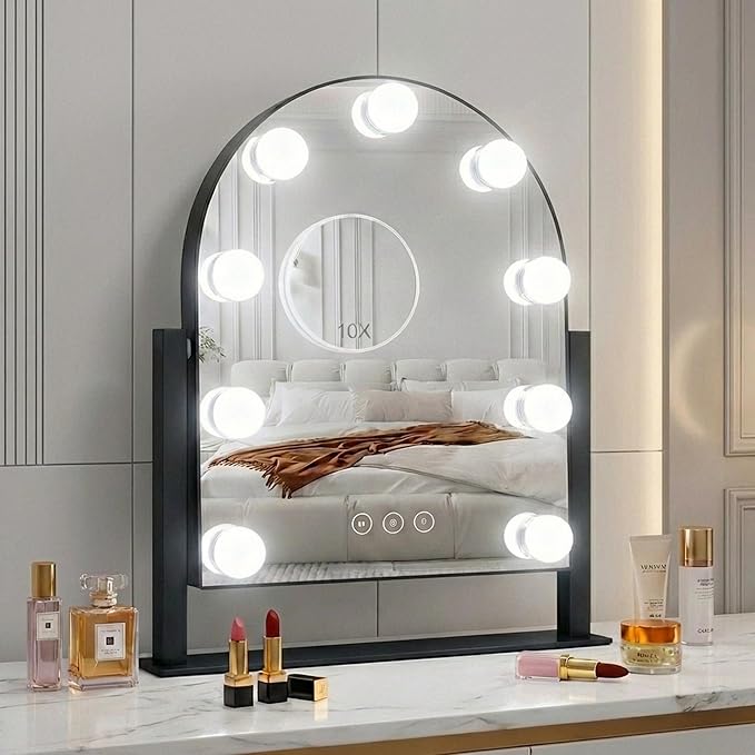 Arched Makeup Vanity Mirror with Lights 14.17"x 11.81" LED Makeup Mirror Detachable 10X Magnification, Hollywood Make Up Mirror with Lighting, Smart Touch, Rechargeable,360° Rotation,(Black)
