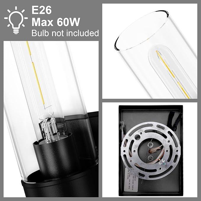Tipace Black Bathroom Vanity Light Fixtures,Industrial Wall Sconces Clear Glass Wall Lights,Wall Lamp for Bathroom,Living Room, Bedroom,Hallway(Bulb not Include)