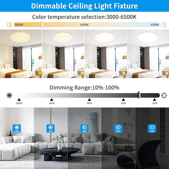 24 Inch Flush Mount Ceiling Light Fixture - 56W Dimmable LED Ceiling Light with Remote, 5600lm, 3000K/4500K/6000K Adjustable LED Kitchen Ceiling Lamp for Bedroom, White