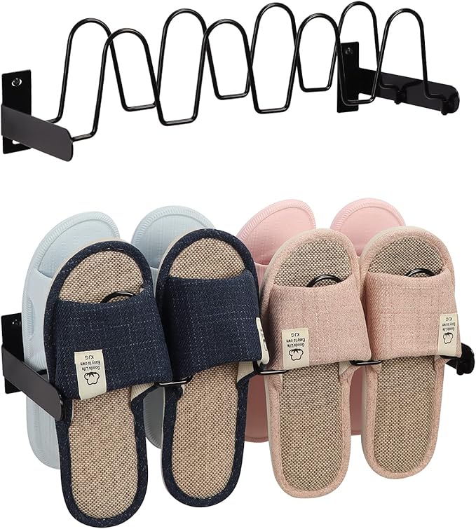 Lavezee Wall Mounted Shoe Rack Organizer 8 Pairs Sandals Slippers, Set of 2 Black Metal Shoe Storage Holder for Wall, Entryway, Bathroom