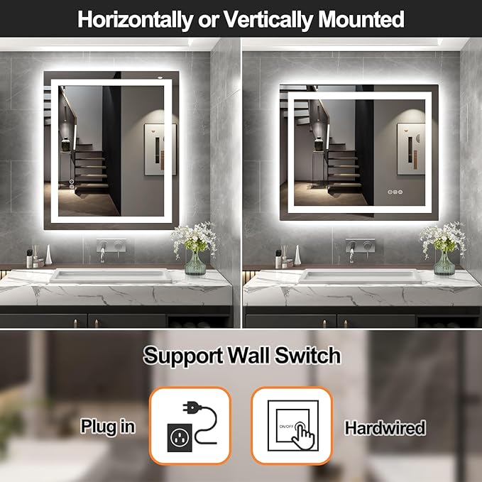 LED Mirror for Bathroom 30x36 Lighted Bathroom Vanity Mirrors with Lights, Brighter Frontlit and Backlit Anti-Fog Mirror, Tempered Glass, Dimmable 3 Colors Light Modes, Memory Function