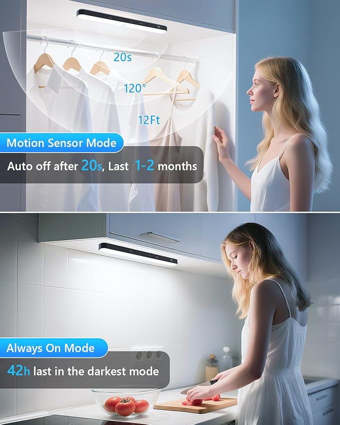 Ferswe Closet Lights Motion Sensored, Battery Level Display, Under Cabinet Lights Rechargeable, Dimmable Touch Control, 60 LED Motion Sensor Cabinet Light for Kitchen, Closet, Shelf(4 Pack)